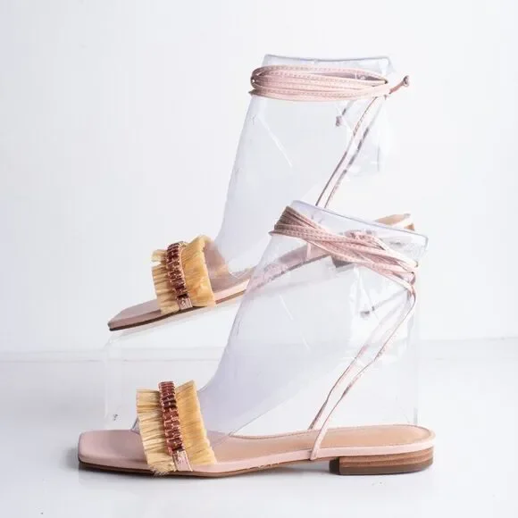 Anthropologie Embellished Tie Up Raffia Sandals Pink Rose EU 36 US 6 New - Picture 5 of 10